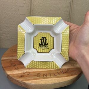 Trinidad Ceramic Cigar Ashtray White Golden 6x6x 2.25" Est. Ranchueto Cuba 1905